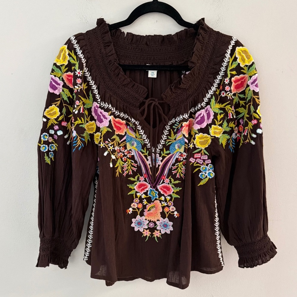 Sundance Brown Embroidered Floral Bird Peasant Blouse Boho Top PM Womens - Picture 2 of 11
